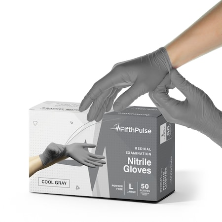 Fifthpulse Disposable Gloves, Nitrile, Powder-Free, L, 50 PK, Cool Gray FMN100561